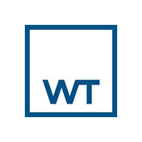 A blue square logo features the letters 'WT' in a modern font, centred within the square.