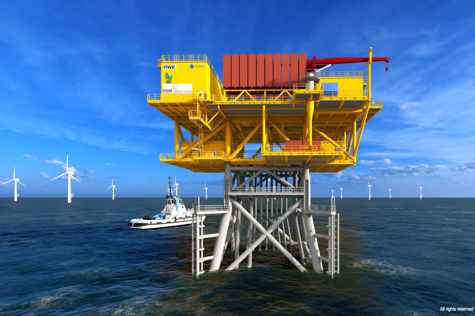A large yellow offshore platform with a crane, surrounded by wind turbines in the ocean and a tugboat nearby.