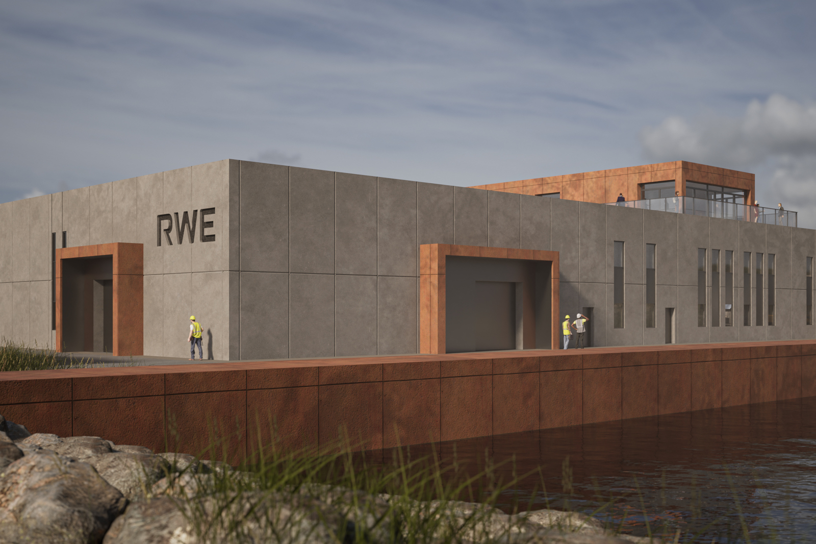 A modern building with 'RWE' on the facade, workers are wearing hard hats next to the water.