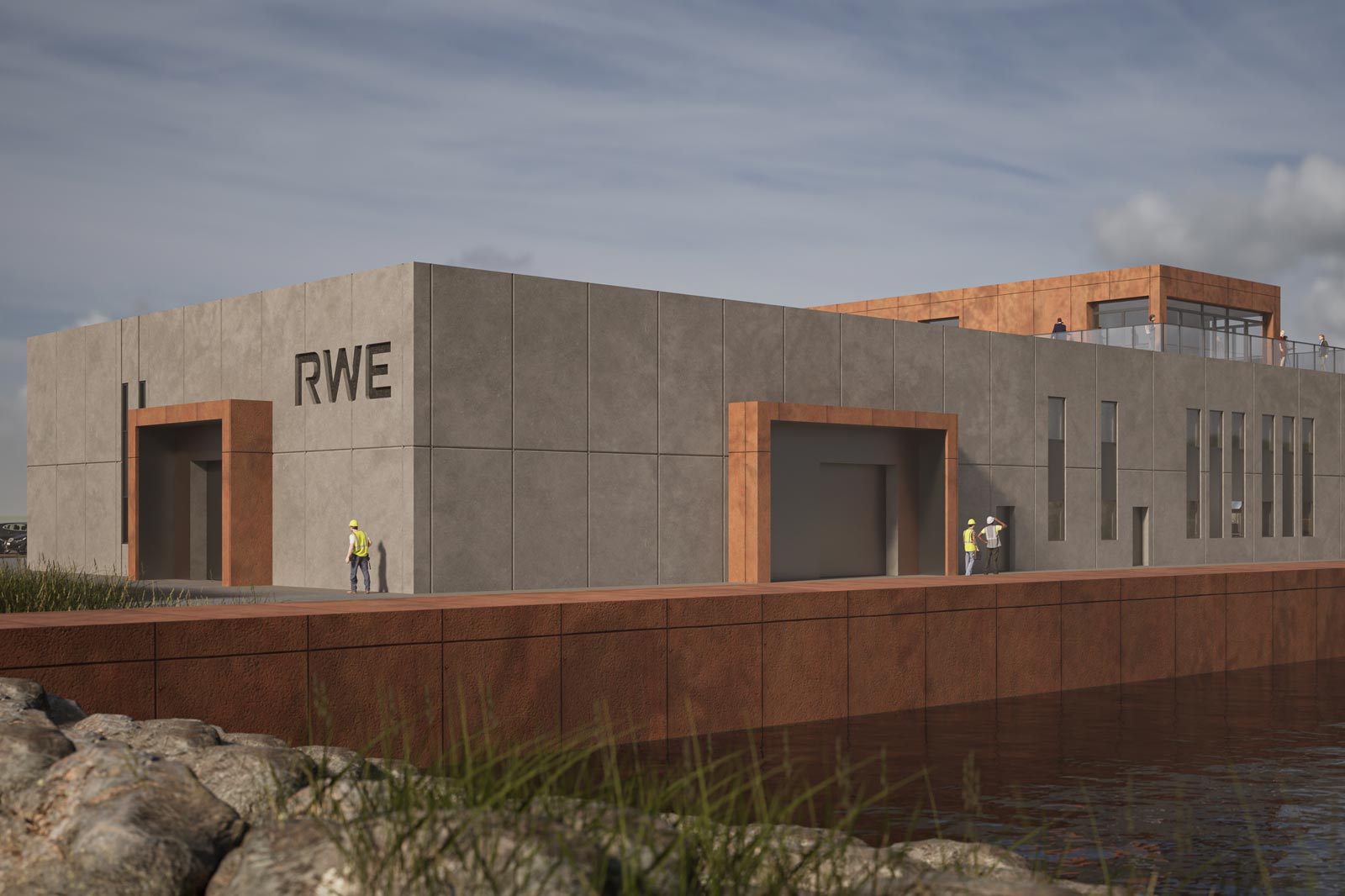A modern building with the RWE logo, situated near water. Workers in hard hats are visible at the entrance.